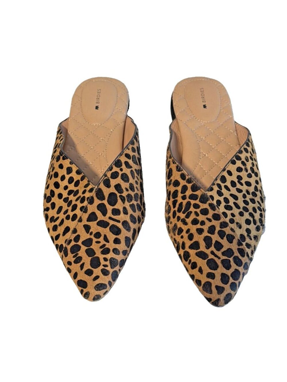 Birdies Swan Mules Women 10.5 Leopard Calf Hair Pointed Toe Flats Slip On Preppy
